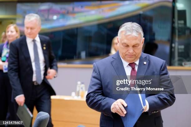 Hungarian Prime Minister Viktor Mihaly Orban attends an EU summit in the Europa building, the EU Council headquarter on June 23, 2022 in Brussels,...