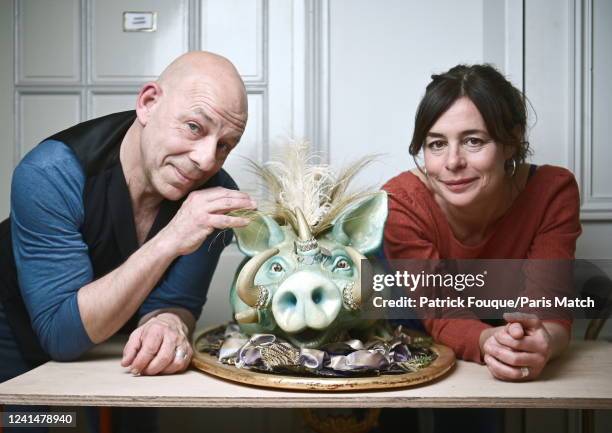 Actors Valerie Lesort and Christian Hecq are photographed for Paris Match on April 28, 2022 in Paris, France.