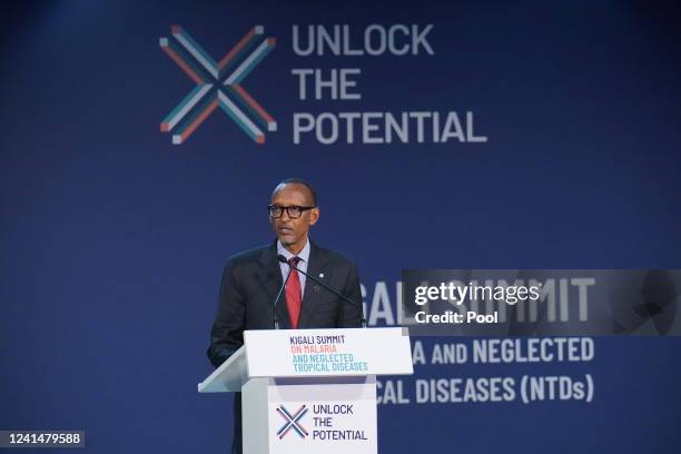 Rwanda President Paul Kagame speaks at the Summit on Malaria and Neglected Tropical Diseases at Intare conference hall on June 23, 2022 in Kigali,...