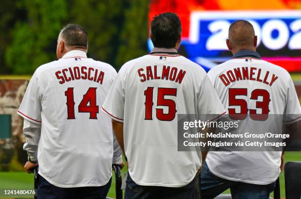 Anaheim, CA Mike Scioscia, Tim Salmon and Brendan Donnelly join other 2002 Angels players as they watch a video of there run to the World Series...