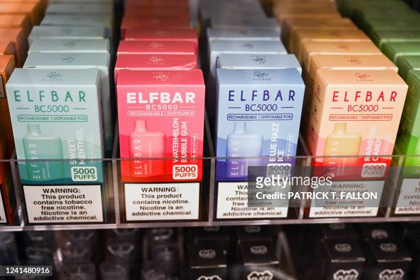 Elf Bar disposable vape flavored vaping e-cigarette products are displayed in a convenience store on June 23, 2022 in El Segundo, California. Vaping...