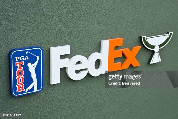 FedEx Cup signage is seen during the first round of the Travelers Championship at TPC River Highlands on June 23, 2022 in Cromwell, Connecticut.