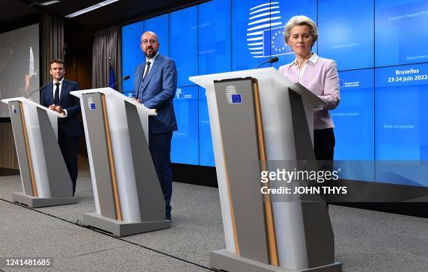 France's President Emmanuel Macron , President of the European Council Charles Michel and President of the European Commission Ursula von der Leyen...