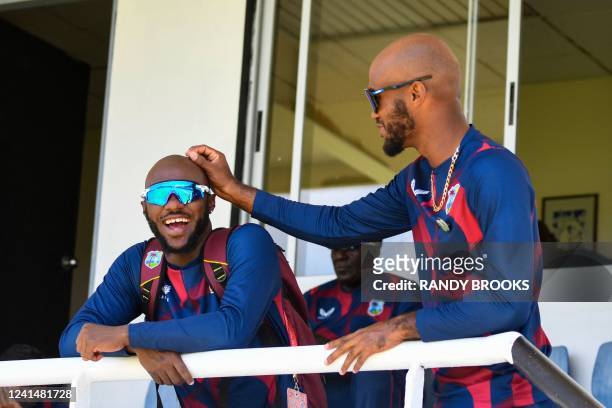Jermaine Blackwood and Kraigg Brathwaite of West Indies take part in a training session one day ahead of the 2nd Test between Bangladesh and West...