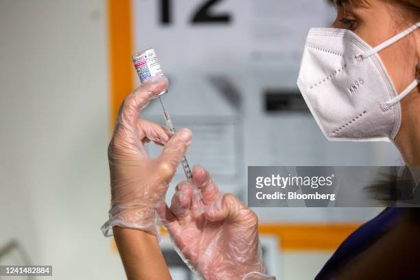 Healthcare worker prepares a dose of the Moderna Covid-19 at the Brooklyn Children's Museum vaccination site, serving children six months to 5-Years...