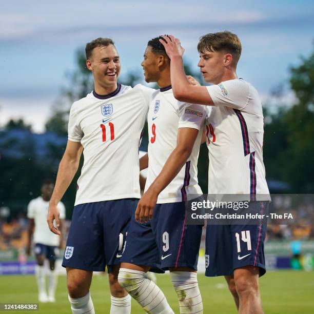 Dane Scarlett of England celebrates their sides first goal with team mate Harvey Vale and Alex Scott during the UEFA European Under-19 Championship...