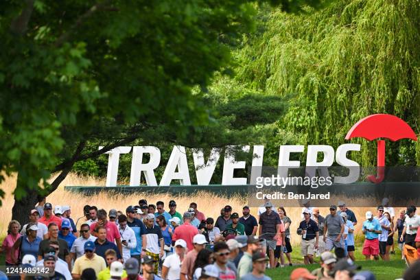 Fans walk along the 13th hole during the first round of the Travelers Championship at TPC River Highlands on June 23, 2022 in Cromwell, Connecticut.
