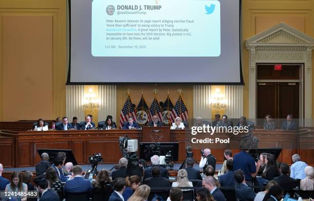 Tweet from then president Donald Trump is shown on a screen during the fifth hearing held by the Select Committee to Investigate the January 6th...