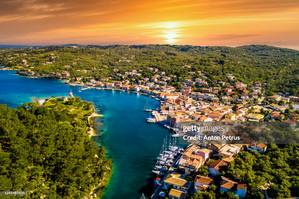 Gaios, capital city of Paxos Island at sunset, aerial view. Greece