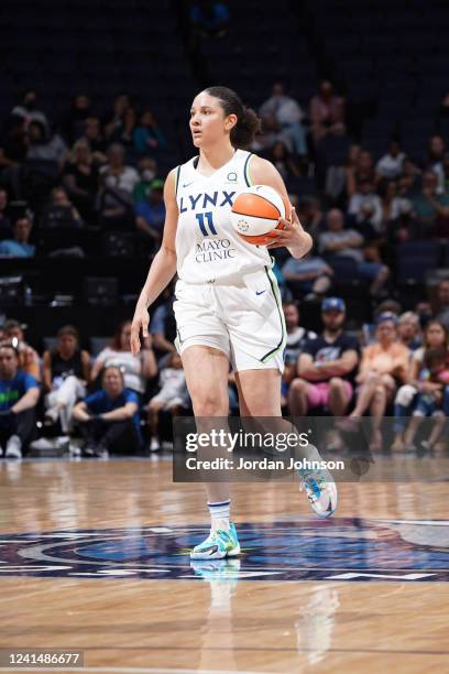Natalie Achonwa of the Minnesota Lynx dribbles the ball during the game against the Phoenix Mercury on June 23, 2022 at Target Center in Minneapolis,...