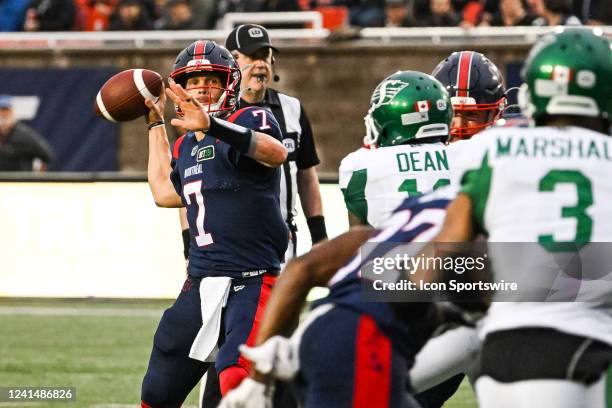 Montreal Alouettes quarterback Trevor Harris passes the ball during the Saskatchewan Roughriders versus the Montreal Alouettes game on June 23 at...