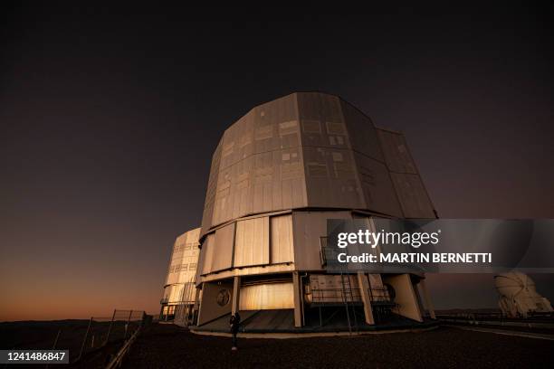 Picture taken after sunset at the platform of the Very Large Telescope , with its four optical telescopes and four movable auxiliary telescopes, at...
