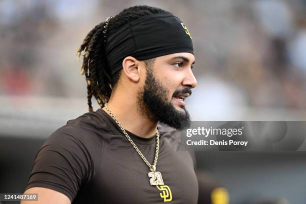 Fernando Tatis Jr. #23 of the San Diego Padres looks on during the second inning of a baseball game against the Philadelphia Phillies June 23, 2022...