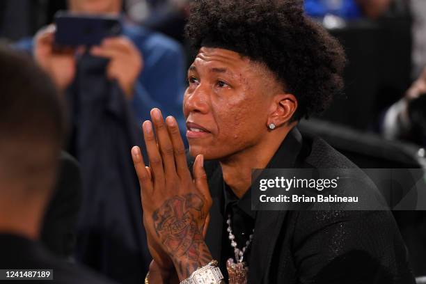 MarJON Beauchamp shows emotion after being selected number twenty fourth overall by the Milwaukee Bucks during the 2022 NBA Draft on June 23, 2022 at...
