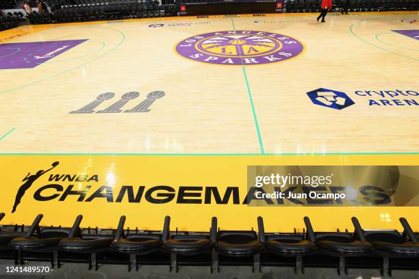 Close up of a decal on the court after the game between the Chicago Sky and the Los Angeles Sparks on June 23 2022 at Crypto.com Arena in Los...