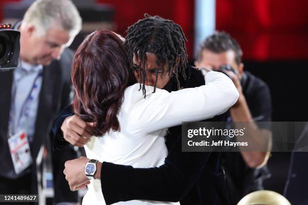 Jaden Ivey and his mother, Niele Ivey embrace after being selected number five overall during the 2022 NBA Draft on June 23, 2022 at Barclays Center...