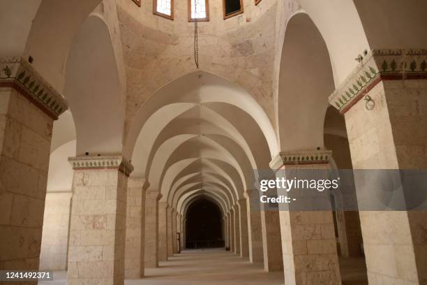 This picture shows on June 23 a recently renovated part of the Grand Umayyad mosque in the northern Syrian city of Aleppo, as part of a Syrian...