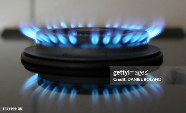 Burning hob of a gas cooker is pictured in Gaiberg near Heidelberg, southwestern Germany, on June 24, 2022. - The German business climate worsened in...