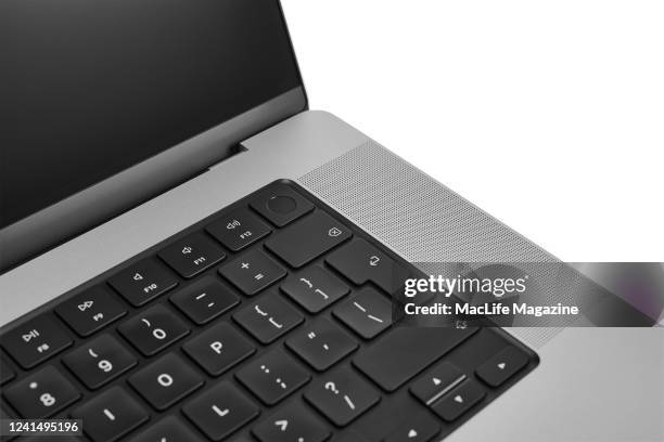 Detail of a 16-inch 2021 Apple MacBook Pro laptop computer, taken on November 10, 2021.