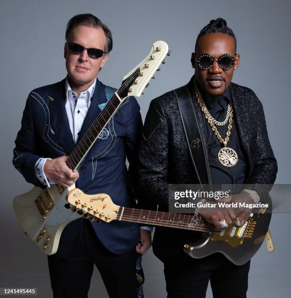 Portrait of American blues rock musicians Joe Bonamassa and Eric Gales, photographed in Nashville on November 1, 2021.
