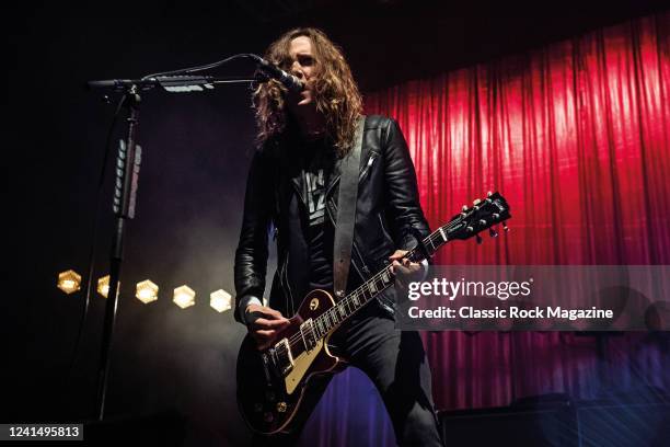 Guitarist Dan Hawkins of British rock group The Darkness performing live on stage at the Brighton Dome in Brighton, England, on November 17, 2021.