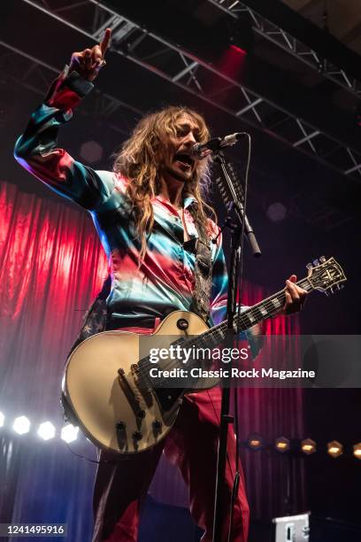 Vocalist and guitarist Justin Hawkins of British rock group The Darkness performing live on stage at the Brighton Dome in Brighton, England, on...