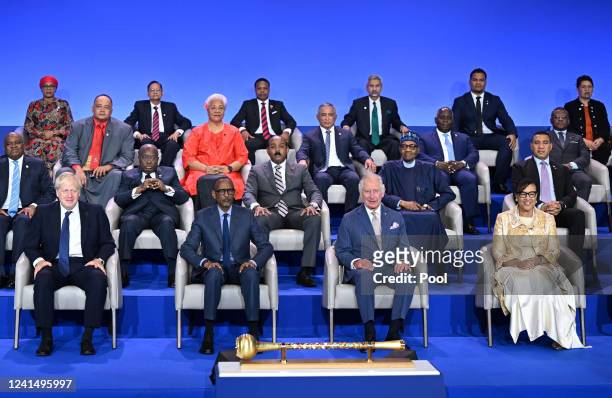 British Prime Minister Boris Johnson, Rwandan President Paul Kagame, Prince Charles, Prince of Wales, Secretary-General of the Commonwealth of...