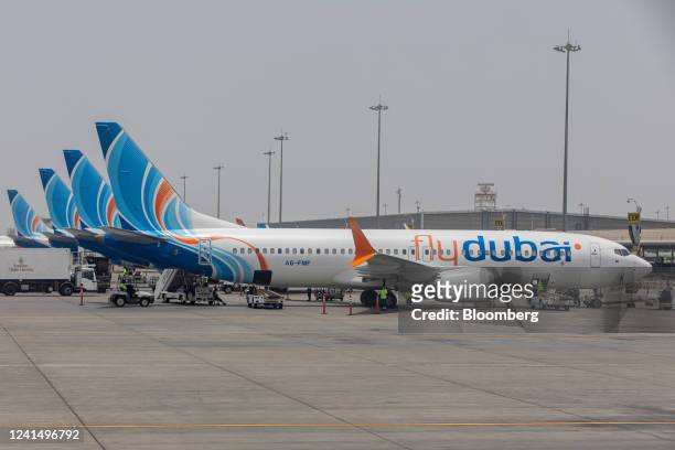 Passenger aircraft, operated by Fly Dubai, on the tarmac at Dubai International Airport in Dubai, United Arab Emirates, on Thursday, June 23, 2022....