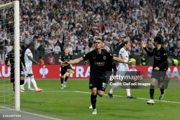 Rafael Borre of Eintracht Frankfurt celebrates after scoring his team's first goal during the UEFA Europa League Semi Final Leg Two match between...