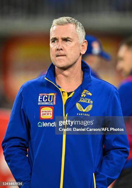 Adam Simpson, Senior Coach of the Eagles addresses their players at three quarter time during the 2022 AFL Round 15 match between the West Coast...