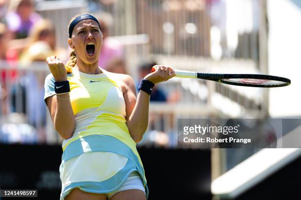 Petra Kvitova of the Czech Republic reacts to converting match point against Beatriz Haddad Maia of Brazil in her semi-final match on Day 7 of the...