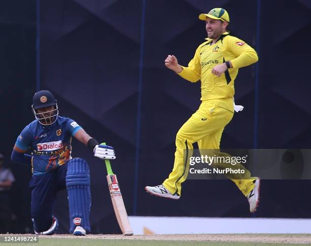 Sri Lanka's Dasun Shanaka bowled by Australia's Matthew Kuhnemann during the 5th One Day International match between Sri Lanka and Australia at R....