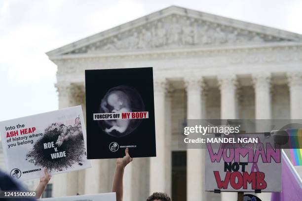 Pro-choice and pro-life signs are seen outside the US Supreme Court in Washington, DC, on June 24, 2022. The US Supreme Court on Friday ended the...