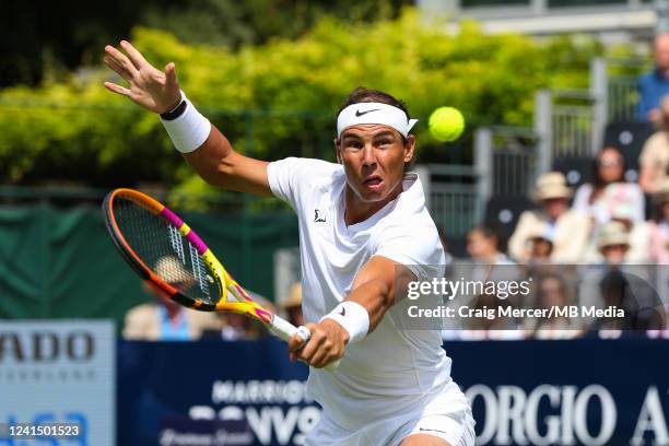 Rafael Nadal of Spain plays a backhand in his ATP Exho singles match against Felix Auger-Aliassime of Canada during day four of the Giorgio Armani...