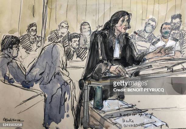This court sketch made on June 24 shows Salah Abdeslam's lawyer Olivia Ronen as she makes a plea before Paris' special assize court during the trial...