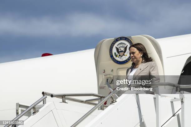 Vice President Kamala Harris disembarks from Air Force Two at the Aurora Municipal Airport in Aurora, Illinois, US, on Friday, June 24, 2022. Harris...