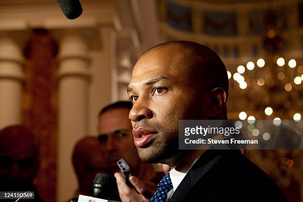 National Basketball Player's Association President Derek Fisher addresses the media about the Labor Relation Meetings on September 8, 2011 at the...