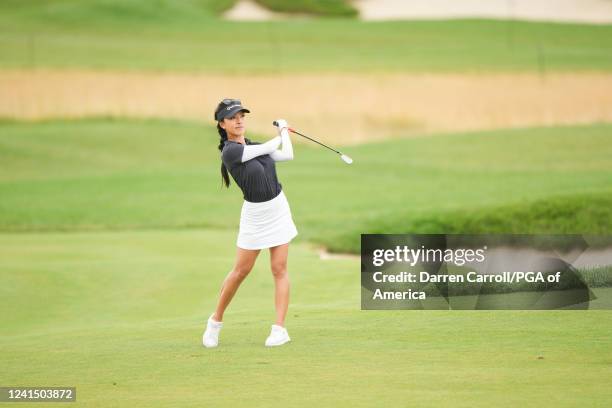 Muni He of China hits her shot from the fairway on the first hole during the second round for the 2022 KPMG Women's PGA Championship at Congressional...