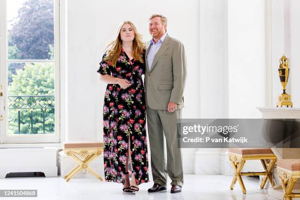 King Willem-Alexander of The Netherlands and Princess Amalia of The Netherlands during a photosession in Palace Noordeinde on June 24, 2022 in The...