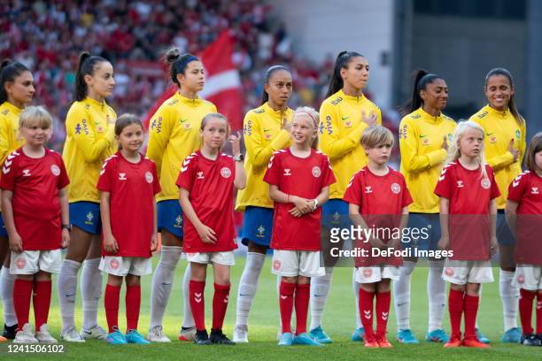Players of Brasil National Team prior to the Women's International Friendly match between Denmark and Brazil at Telia Parken on June 28, 2022 in...