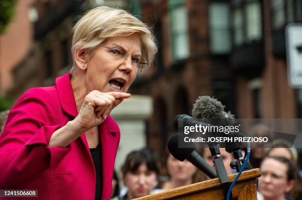 Senator Elizabeth Warren addresses the public during a rally to protest the US Supreme Courts overturning of Roe Vs. Wade at the Massachusetts State...