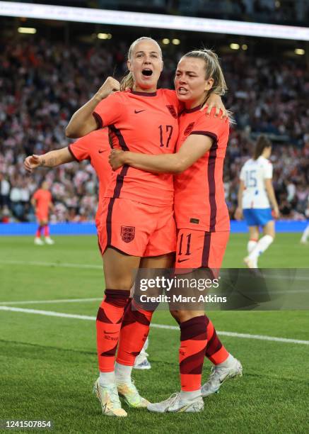 Beth Mead of England celebrates scoring their 2nd goal with Lauren Hemp during the Women's International friendly match between England and...