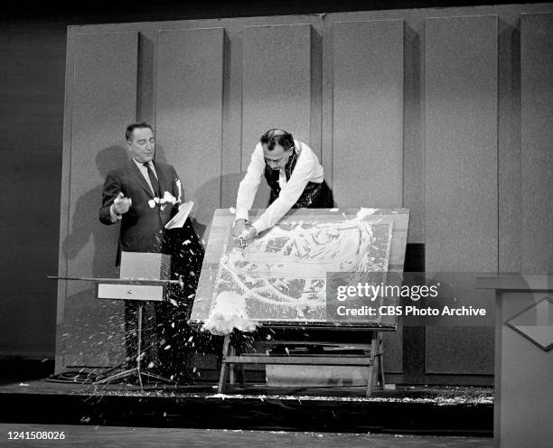 Salvador Dali, center, creating art on "I've Got A Secret" on January 21, 1963. Garry Moore is at left.