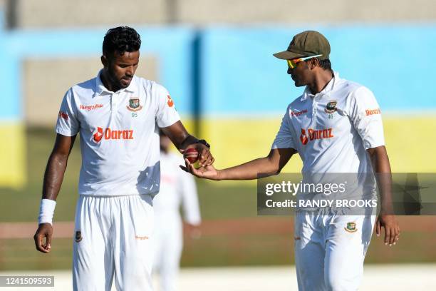 Ebadot Hossain Chowdhury and Shakib Al Hasan of Bangladesh during 1st day of the 2nd Test between Bangladesh and West Indies at Darren Sammy Cricket...