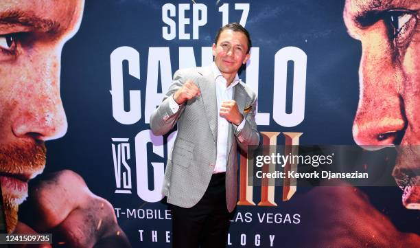 Boxer Gennady Golovkin poses on the red carpet prior to a news conference with boxer Canelo Alvarez on June 24, 2022 in Hollywood, California....
