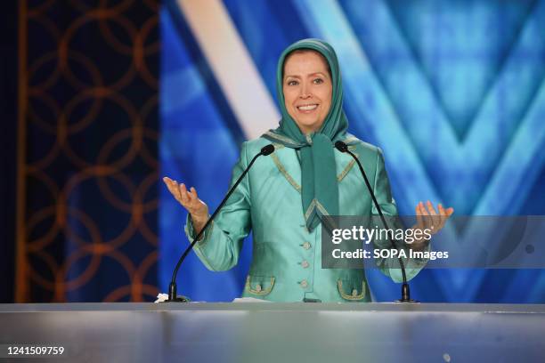 President-elect of the National Council of Resistance of Iran Maryam Rajavi speaks at a meeting with Mike Pence, the 48th US Vice President in Ashraf...