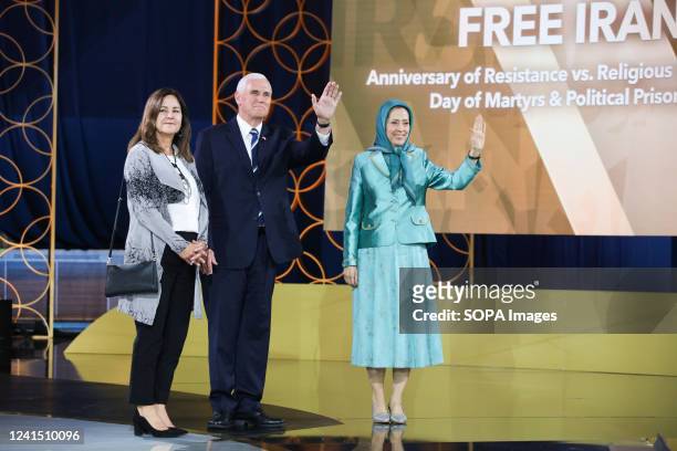 Karen Pence, vice President Mike Pence and NCRI President-elect Maryam Rajavi joined a meeting and waved to the participants, in Ashraf 3, home to...