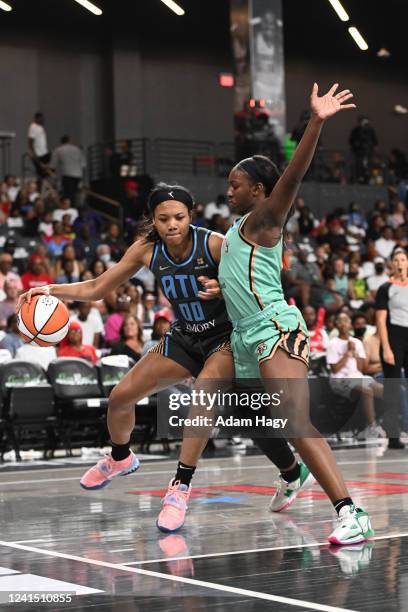 Naz Hillmon of the Atlanta Dream drives to the basket during the game against the New York Liberty on June 24, 2022 at Gateway Center Arena in...