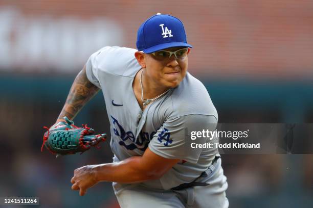 Julio Urias of the Los Angeles Dodgers pitches during the first inning against the Atlanta Braves at Truist Park on June 24, 2022 in Atlanta, Georgia.