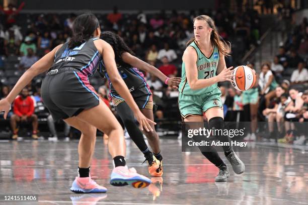 Sabrina Ionescu of the New York Liberty drives to the basket during the game against the Atlanta Dream on June 24, 2022 at Gateway Center Arena in...